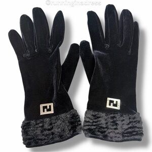 Authentic Vintage Fendi Black Velvet Gloves with Silver FF Logo & Faux Fur Cuffs